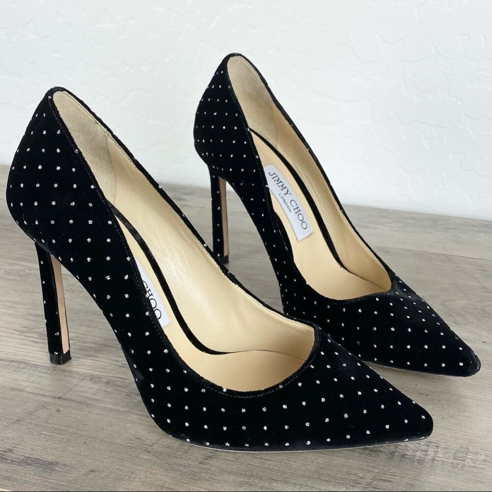 Jimmy Choo Romy 100 Silver Glitter Spotted BlackVelvet Pointy Toe Pumps Sz 6.5 - Picture 6 of 14